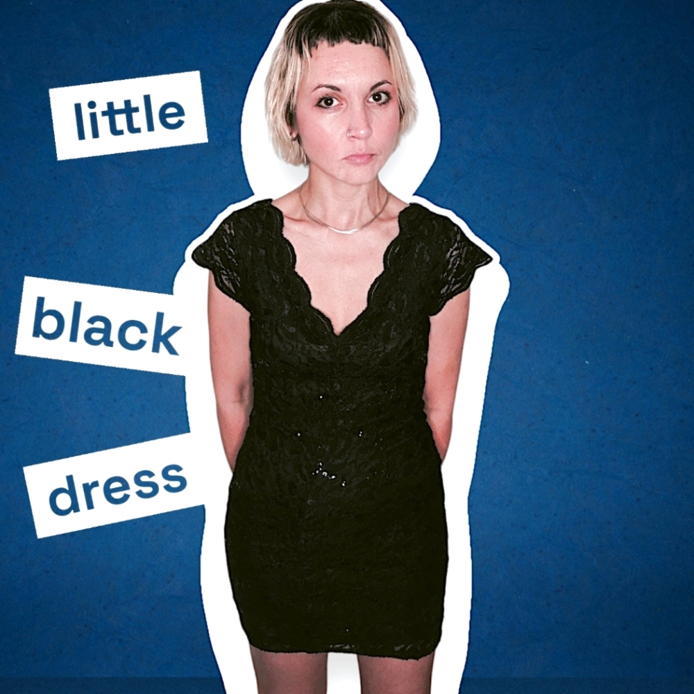 Lacey little black dress embedded w/single sequins throughout fabric - Small